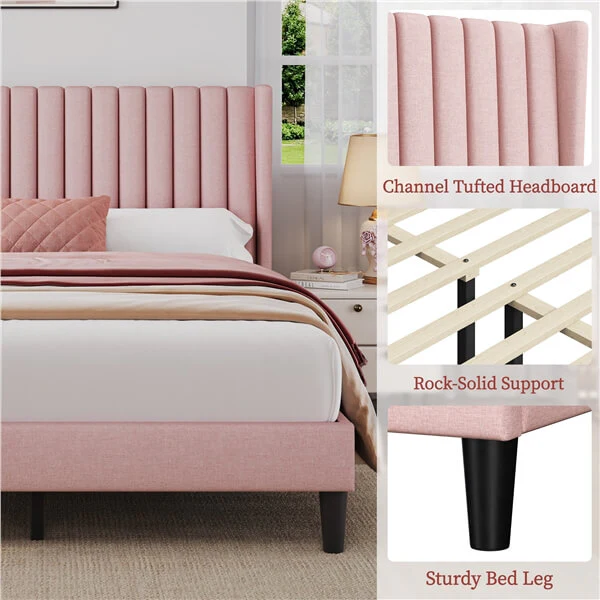 Queen Upholstered Bed Frame with Wing Side - Image 3
