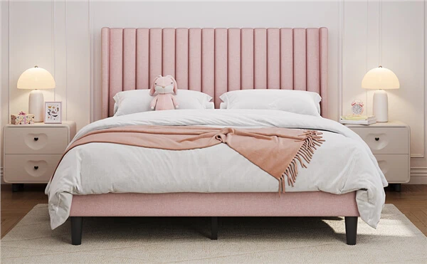 Queen Upholstered Bed Frame with Wing Side - Image 6