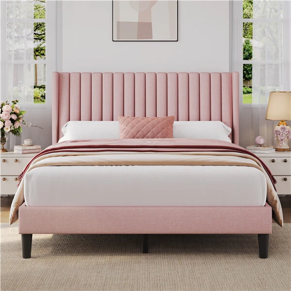 Queen Upholstered Bed Frame with Wing Side - Image 8