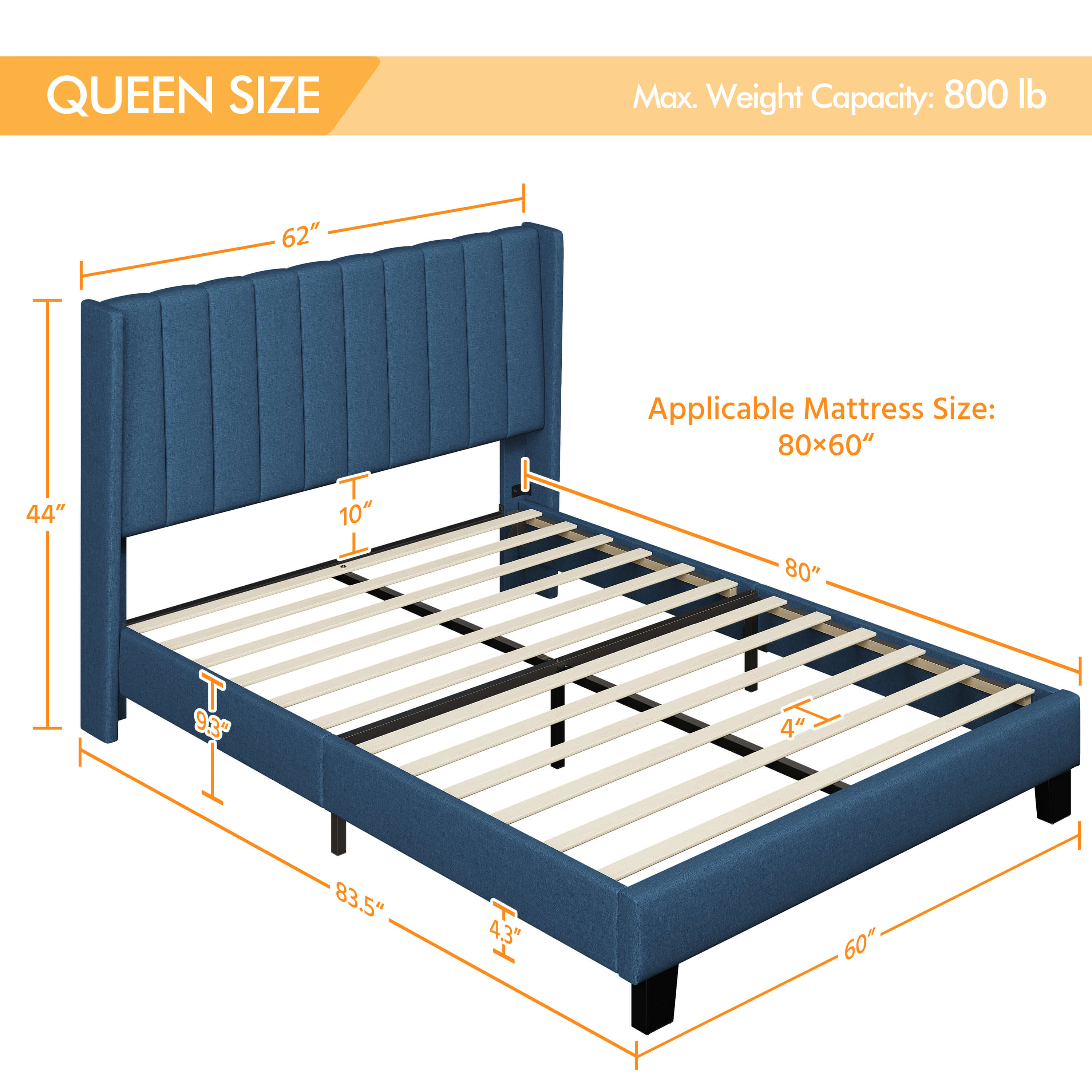 Upholstered Bed Frame with Wing Side, Navy Blue - Image 4