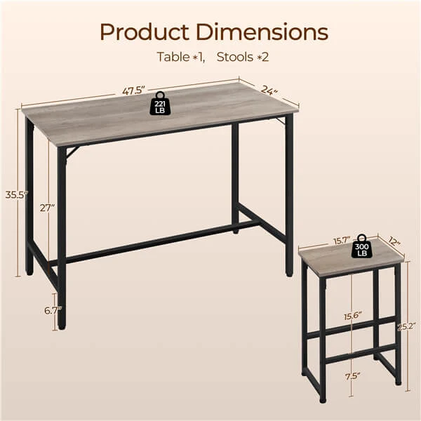 Yaheetech Counter Height Kitchen Table with Bar Stools Set of 2 - Image 3