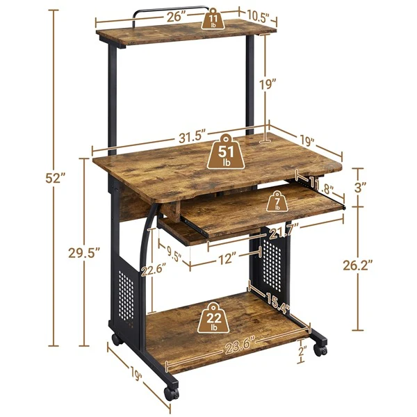 Yaheetech 3 Tiers Rolling Computer Desk with Keyboard Tray - Image 3