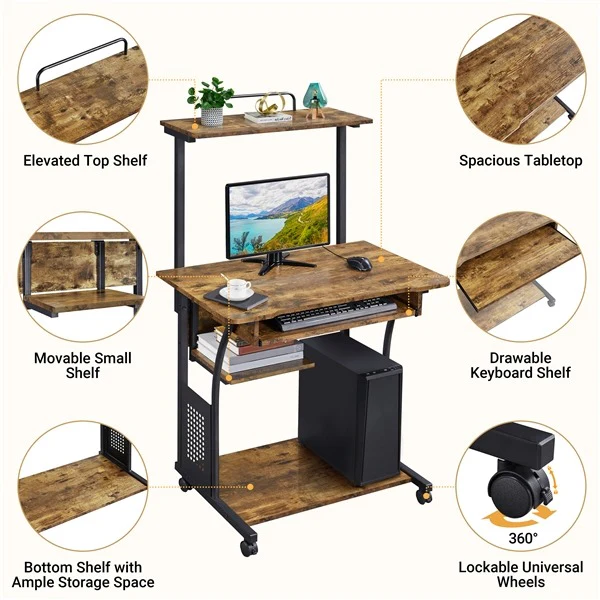 Yaheetech 3 Tiers Rolling Computer Desk with Keyboard Tray - Image 4