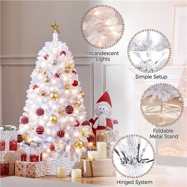 Yaheetech 4.5ft Pre-lit Spruce Artificial Hinged Christmas Pine Tree White - Image 4