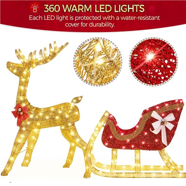Yaheetech 4ft Lighted Christmas Reindeer & Santa Sleigh Set - Image 6