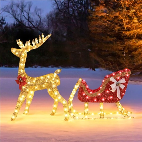 Yaheetech 4ft Lighted Christmas Reindeer & Santa Sleigh Set - Image 7