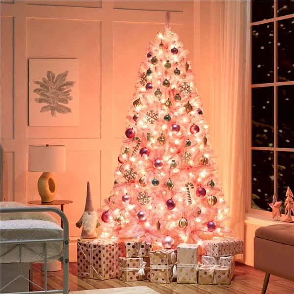 Yaheetech 6ft Pre-lit Artificial Hinged Christmas Tree Pink - Image 11