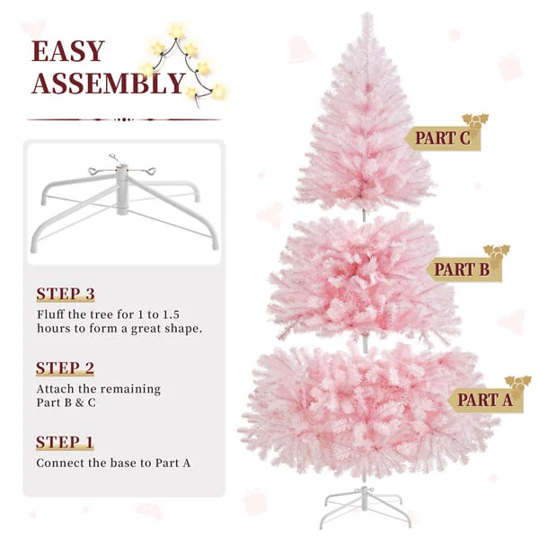 Yaheetech 6ft Pre-lit Artificial Hinged Christmas Tree Pink - Image 4
