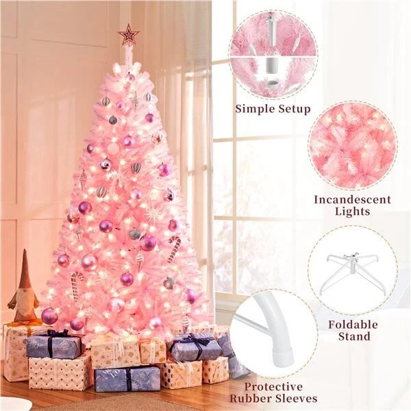 Yaheetech 6ft Pre-lit Artificial Hinged Christmas Tree Pink - Image 9