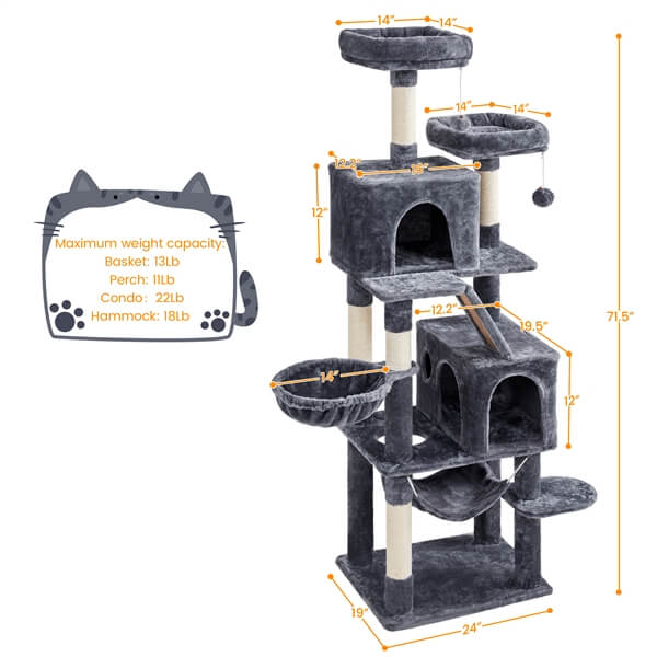 Yaheetech Tall Cat Tree 71.5in Multi-Level Cat Tower - Image 3
