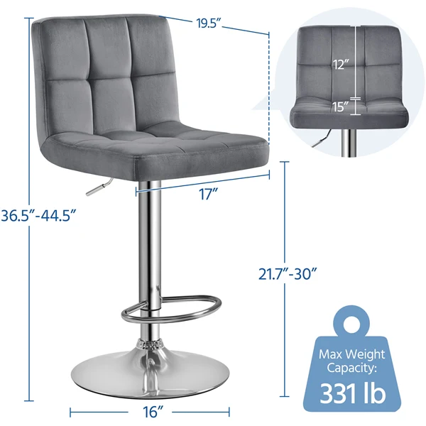 Yaheetech Adjustable Velvet Fabric Swivel Barstools Set of 2 - Image 3