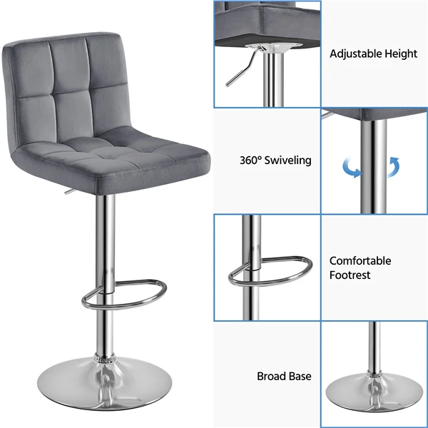 Yaheetech Adjustable Velvet Fabric Swivel Barstools Set of 2 - Image 6