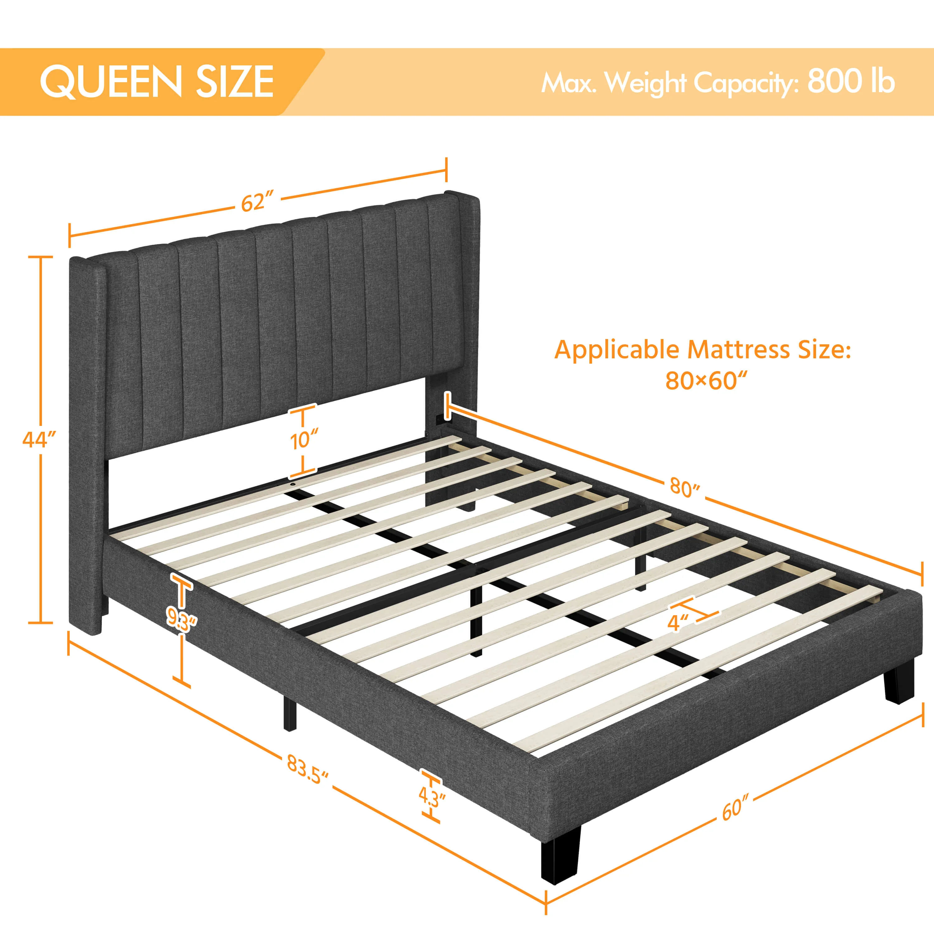 Yaheetech Bed Frame Upholstered Platform Bed with Fabric Headboard - Image 4