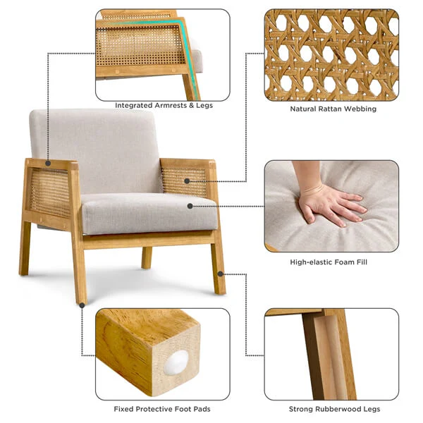 Yaheetech Rattan Armchair with Rattan Armrest and Wood Legs - Image 4