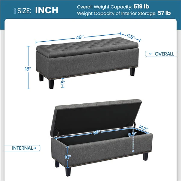 Yaheetech Ottoman with Storage Classic 50-inch Entryway Bench - Image 3
