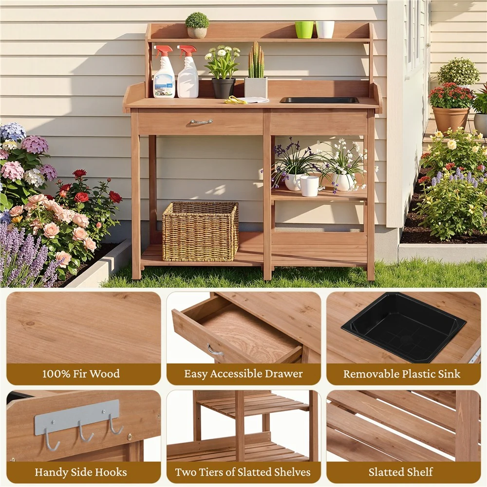 Yaheetech Outdoor Garden Work Bench Sink Drawer Rack Shelves - Image 7