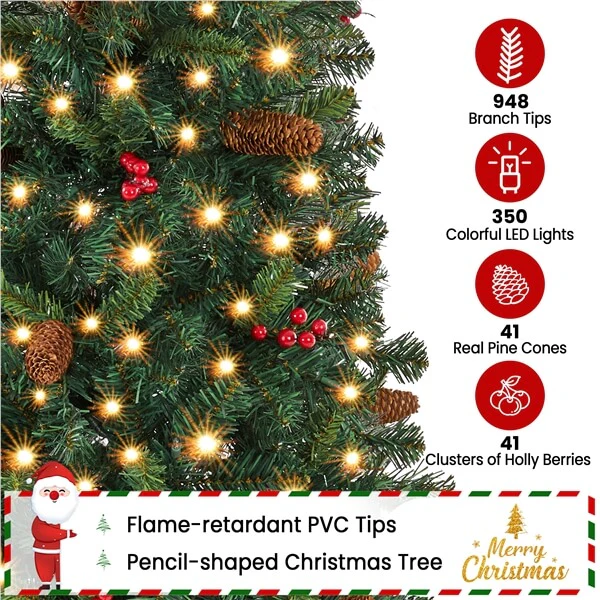 Yaheetech Pre-lit Pencil Christmas Tree with Pinecones - Image 6
