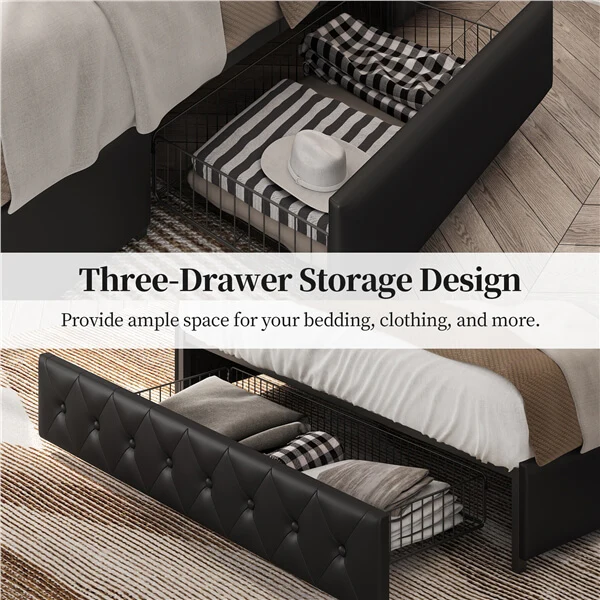 Yaheetech Upholstered Bed Frame with Adjustable Headboard and Three Drawers Storage - Image 11