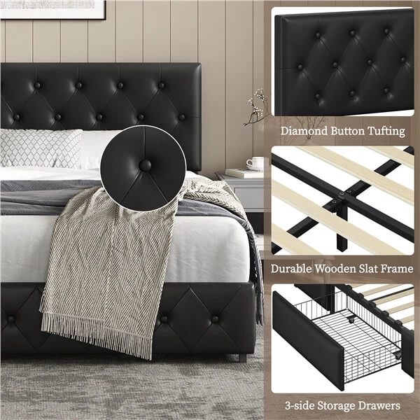 Yaheetech Upholstered Bed Frame with Adjustable Headboard and Three Drawers Storage - Image 16
