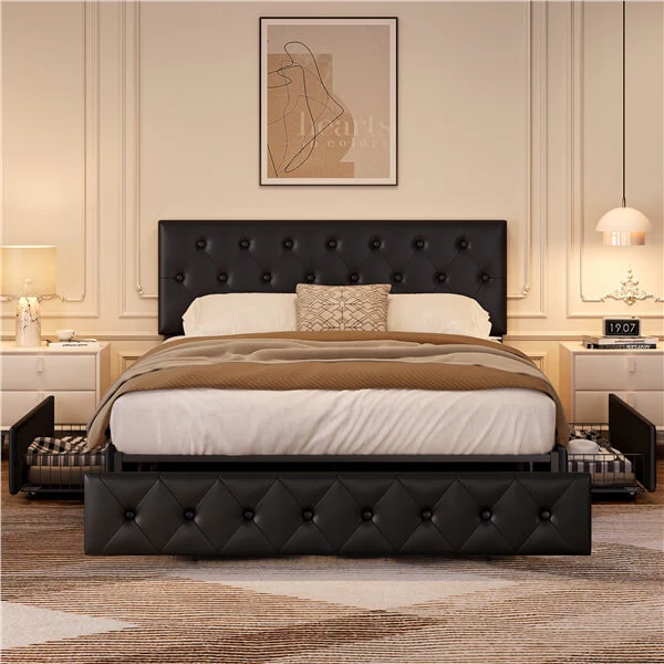 Yaheetech Upholstered Bed Frame with Adjustable Headboard and Three Drawers Storage - Image 18