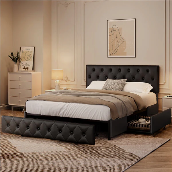 Yaheetech Upholstered Bed Frame with Adjustable Headboard and Three Drawers Storage - Image 19