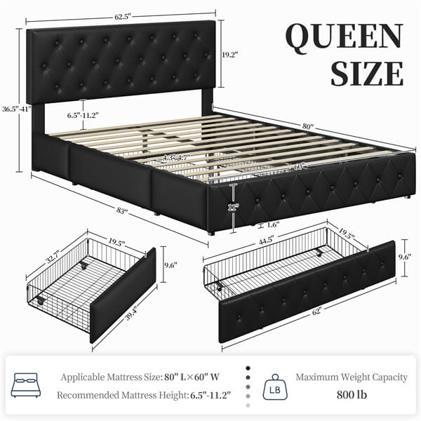 Yaheetech Upholstered Bed Frame with Adjustable Headboard and Three Drawers Storage - Image 3